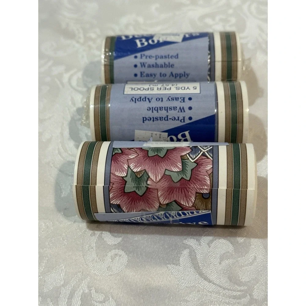 3 floral wallpaper borders mauve pink floral pattern‎ ribbon details Pre-pasted